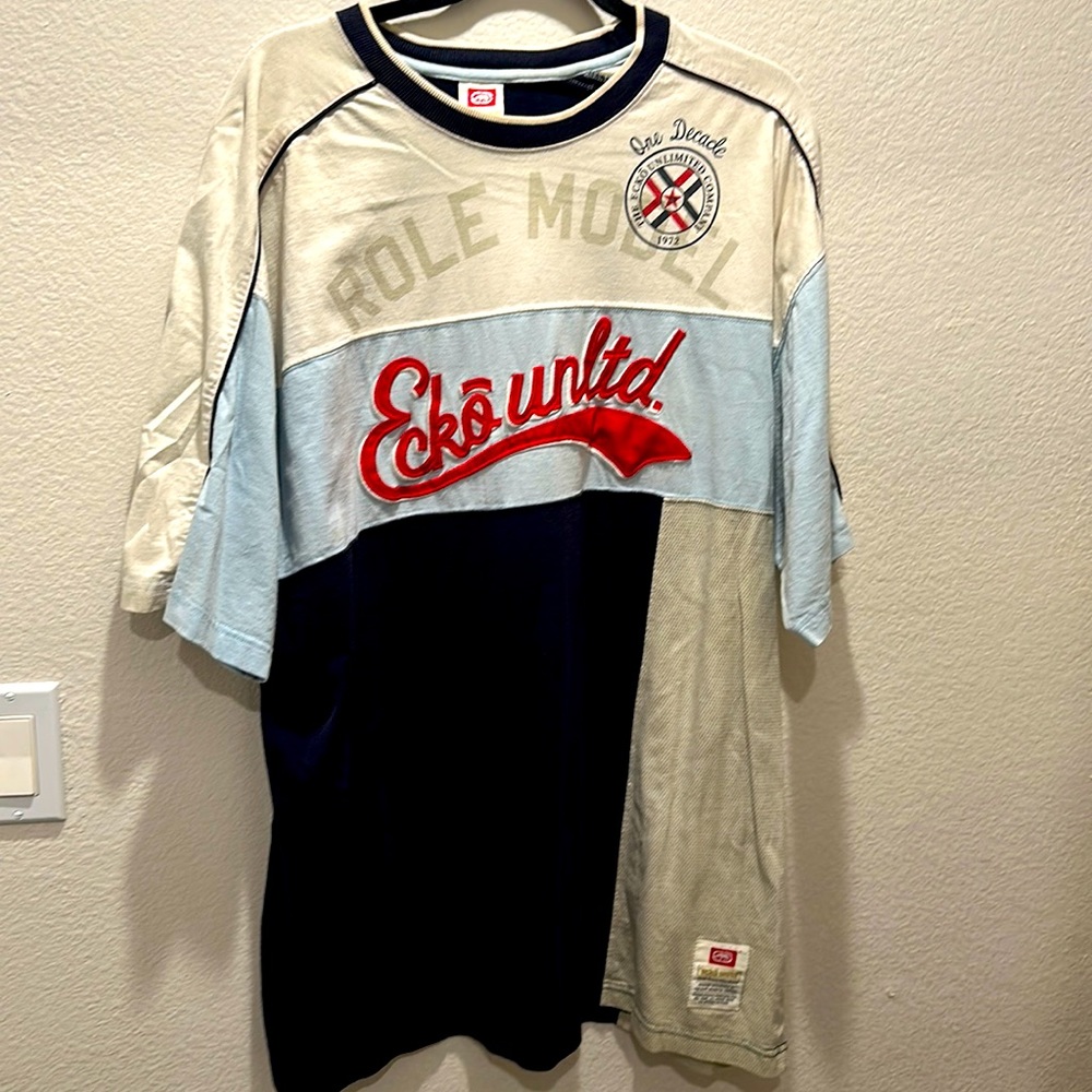 Vintage Marc Ecko Unlimtd Navy Blue/White Knit T-Shirt y2k Mens 2XL Good condit.